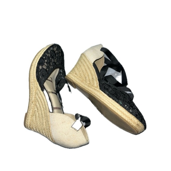 Elle Sz. 8 Ribbon Lace Up Ankle Blk Lace Closed Toe 3.5" Jute Wedge Heel - Picture 5 of 12